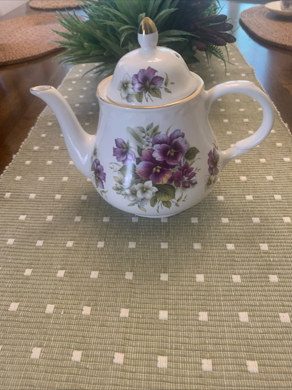 Vintage Arthur Wood & Son Teapot 6452 Staffordshire England Purple Pansies Gold